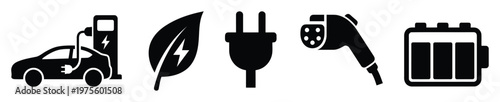 Electric vehicle charging station icons with green energy leaf, generic power plug, specific EV connector, and battery symbols for sustainable transportation and ecological innovation