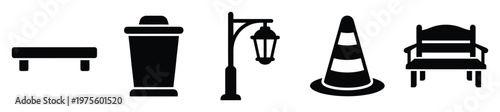 Collection of black silhouetted street and park furniture icons including a bench, trash can, lamppost, traffic cone, and armchair suitable for graphic design, urban planning, or public