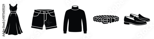 A collection of essential wardrobe items including a classic dress, casual shorts, warm turtleneck, stylish braided belt, and comfortable loafers, perfect for various fashion and apparel