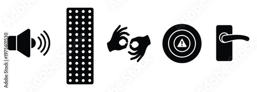 A cohesive set of accessibility icons representing diverse sensory communication methods like sound, Braille, sign language, visual alerts, and physical access for inclusive design