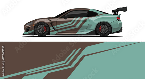 Side view of a customized race car with teal and brown graphics.