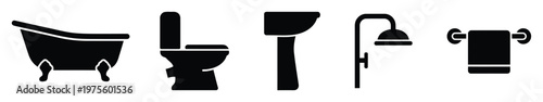 A comprehensive collection of essential bathroom fixture icons depicting a bathtub, toilet, sink, shower, and towel rack, useful for architectural plans, home improvement projects, and