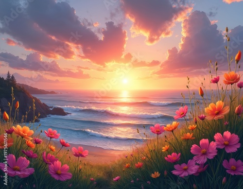 Wildflowers bloom near ocean coast at sunrise. Pink orange cosmos flowers face sun. Waves crash on sandy beach below green cliffs. Sky shows colorful clouds and bright golden light.