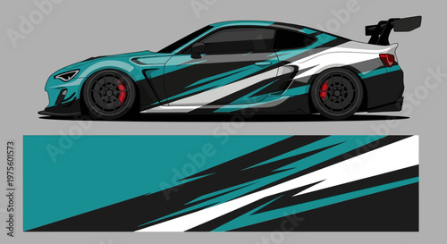 Dynamic teal and black race car with bold white stripes and aerodynamic design.