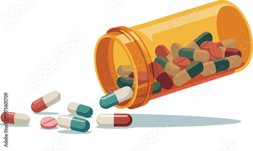 A pill bottle spills its colorful contents on the table