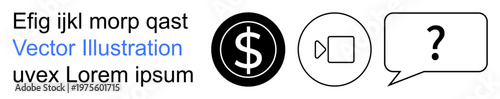 Business, communication, media content, financial concepts, speech, digital economy. Black dollar sign, video play button and speech bubble in clean design. Business and financial concepts
