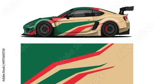 A sleek race car above an abstract colorblock motif with bold stripes and motion lines.