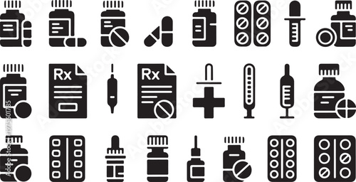 A collection of black and white medical icons on a white background