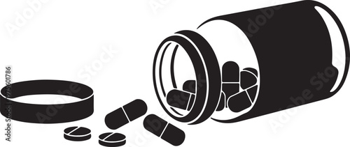 Black and white image of a medicine bottle and pills