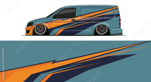 Stylized colorful van with bold striped graphics and dynamic abstract design on modern transport illustration.