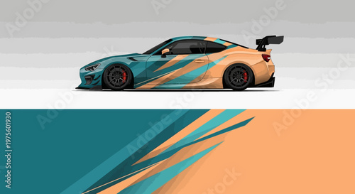Side view of a colorful sports car with bold wrap design and dynamic motion on a stylized track.