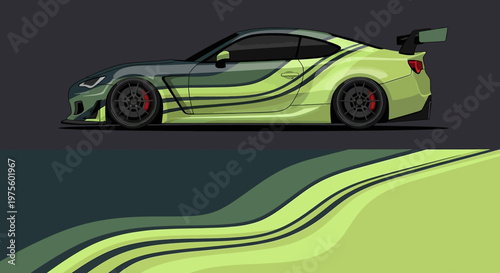 Green sport car with bold yellow stripes cruising on stylized road.