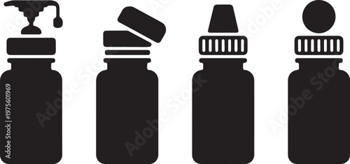 Four black silhouettes of bottles with different caps