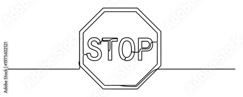 Minimalist single continuous line drawing of a stop sign with the prominent word STOP, representing traffic control, safety warnings, and conceptual boundaries for diverse communication