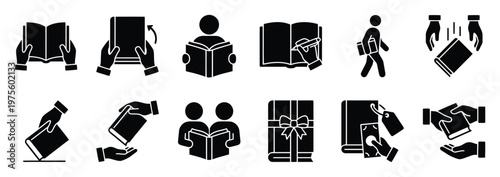 Comprehensive set of monochrome glyph icons illustrating diverse actions like reading, studying, writing, carrying, receiving, giving, and purchasing books, ideal for educational resources,