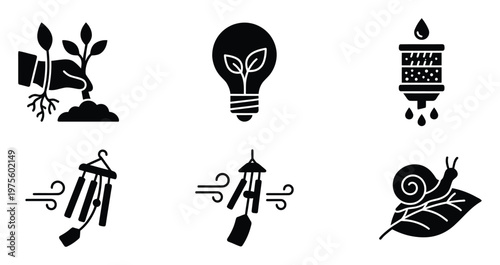Collection of environmental sustainability icons featuring planting, green energy, water filtration, wind power, and nature symbols, perfect for ecofriendly design and educational graphics