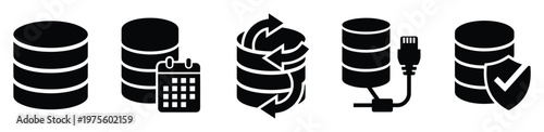 Collection of black glyph icons representing database management concepts such as data storage scheduling synchronization connection and security perfect for technological presentations and