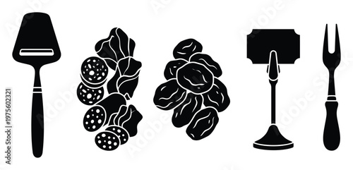 Versatile food preparation and serving tools including a cheese slicer carving fork and assorted deli items like salami and dried fruit for culinary projects and digital media