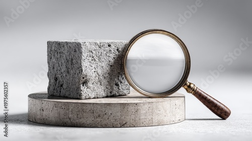 Single ytong block on rotating inspection platform with magnifying lamp revealing surface cracks and textures, minimalistic white background, high-detail industrial macro inspection.