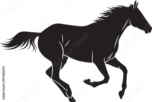 Black horse in motion, symbolizing speed, freedom, and strength.