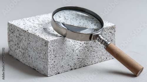Single ytong block on rotating inspection platform with magnifying lamp revealing surface cracks and textures, minimalistic white background, high-detail industrial macro inspection.
