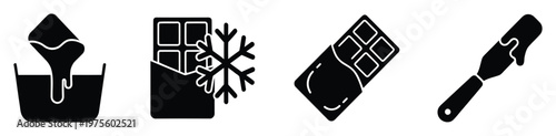 A collection of chocolatethemed icons illustrating various stages of confectionary preparation, perfect for food blogs, recipe websites, or kitchenrelated graphic applications.