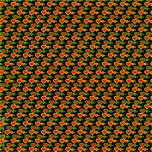 The design shows a pattern of small hearts in red and green against a black surface. The hearts are arranged in rows and columns, creating a uniform look. This design can be used for various projects.