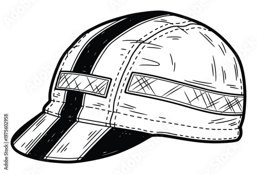 Handdrawn black and white graphic of a traditional jockey or racing cap with bold stripes and customizable side panels, perfect for sports event merchandising and vintage apparel designs