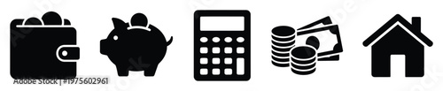 Essential financial planning and property management icons for budgeting applications investment services and banking websites illustrating savings and wealth building concepts