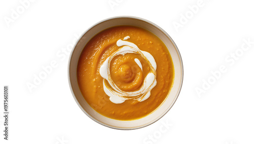 Creamy orange soup with swirl of white cream, isolated on transparent background