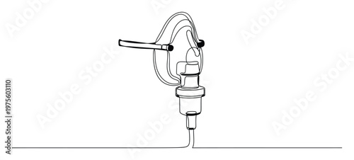 Continuous line drawing of a medical oxygen mask with a nebulizer, symbolizing respiratory therapy and vital healthcare equipment, perfect for modern medical illustrations and educational