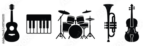 Collection of diverse musical instrument silhouettes including guitar piano drums trumpet and violin perfect for music education and entertainment related visual media