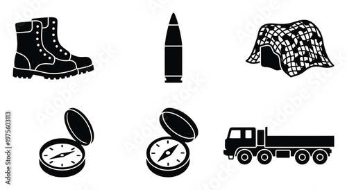 Essential military gear and equipment icons including army boots, ammunition, tactical helmet, navigation compass, and transport truck for armed forces related projects