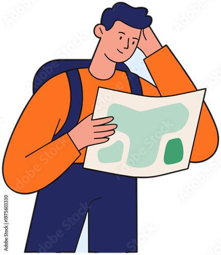 A man with a backpack looks puzzled while studying a map.