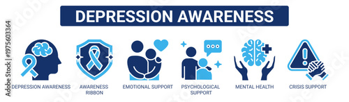 Depression Awareness web banner icon vector illustration concept with icons of depression awareness, awareness ribbon, emotional support, psychological support, mental health, and crisis support.