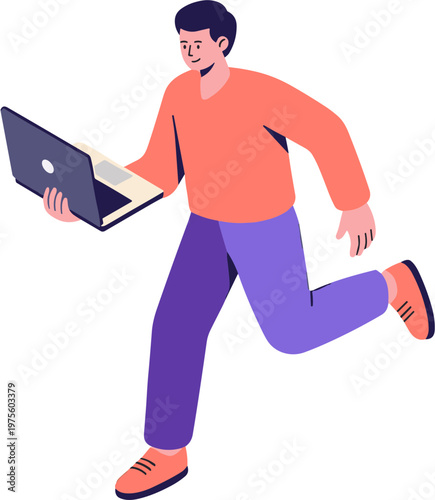Man running with laptop in hand quickly across office