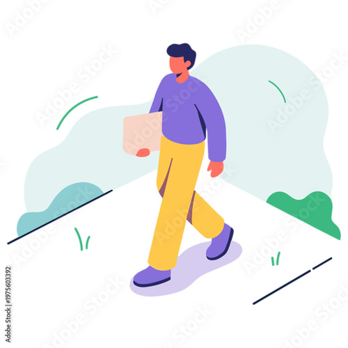 Man walks down street with box in hand on sunny day