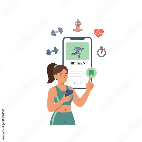 Woman tracks fitness progress on smartphone app outdoors with dumbbells