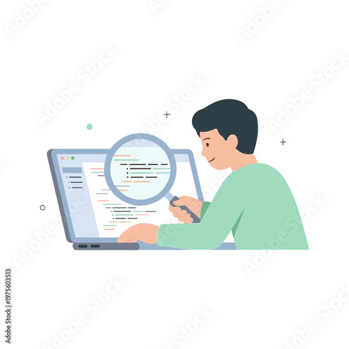 Man examines data on laptop with magnifying glass in hand