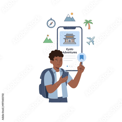 Man explores Kyoto travel app on smartphone with backpack