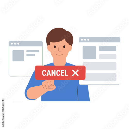 A man holding a cancel button in front of two website browser windows