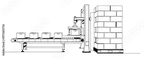 Automated industrial production line with a robotic arm moving cardboard boxes from a conveyor belt onto a pallet for manufacturing and logistics presentations