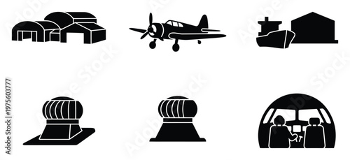 Essential transportation and logistics icons showcasing hangars, propeller airplane, cargo ship, industrial vents, and pilot cockpit, perfect for business infographics and aviation related