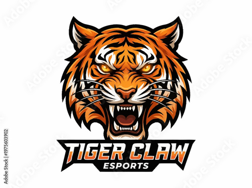 Fierce tiger head mascot design featuring an aggressive wild animal with baring teeth and piercing orange eyes isolated on a white background for sports team logos and athletic branding