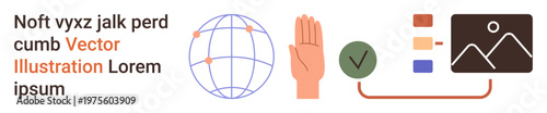 Technology, global communication, data management, verification, workflow, accessibility. A globe, hand gesture checkmark and icons. Technology and global communication concepts