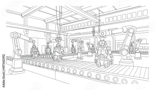 Detailed line drawing of an automated robot assembly factory production line featuring industrial robotic arms building advanced androids on a conveyor belt for technology and manufacturing