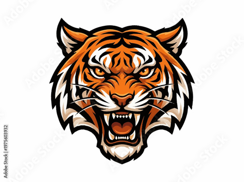 A fierce and dynamic tiger head mascot logo with glowing eyes, displaying an aggressive roar and sharp fangs, ideal for esports teams, competitive gaming, or any powerful sports brand identity.
