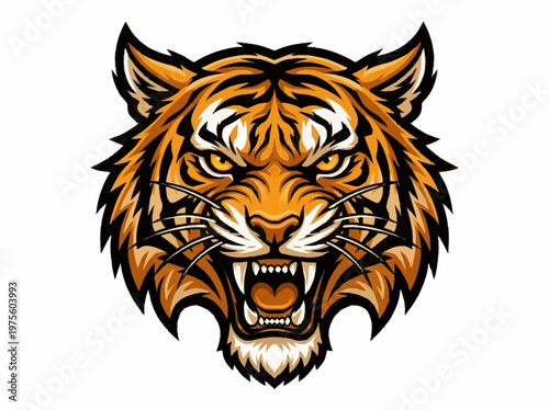 Fierce tiger head mascot logo design featuring bold orange stripes and sharp fangs displayed inside a protective shield emblem for competitive sports teams looking for an aggressive branding style