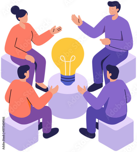 People sitting around a lightbulb discussing ideas in a meeting
