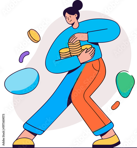 A woman is excitedly running with a stack of coins surrounded by floating money.